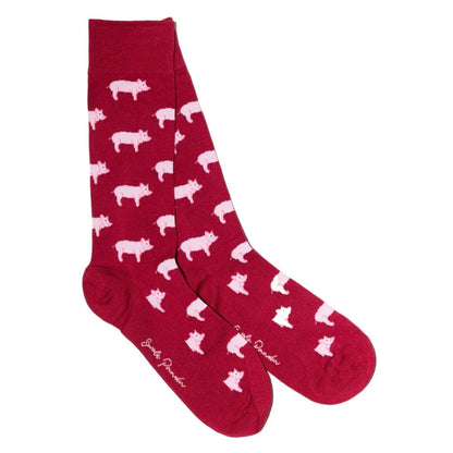 Red socks with white dog pattern on a white background