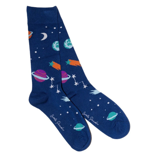 Blue socks with space-themed designs on a white background