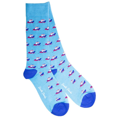 Light blue sock with airplane pattern on a white background