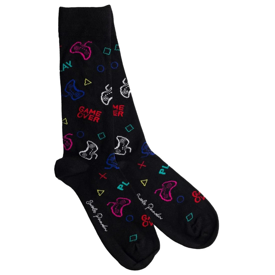 Black socks with colorful graphics and text on a white background