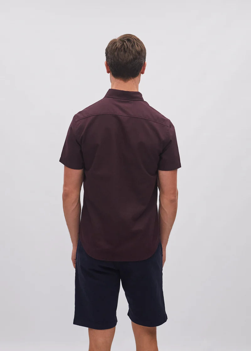 Man wearing a dark brown polo shirt and navy shorts on a white background
