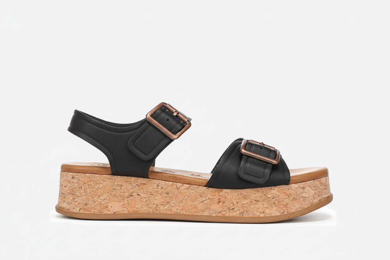 Black sandal with cork platform on a white background
