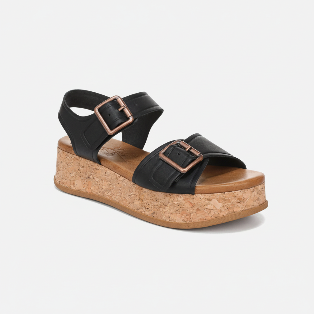 Black sandal with cork platform on a white background
