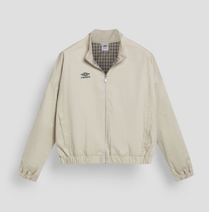 Beige jacket with plaid lining on a light gray background