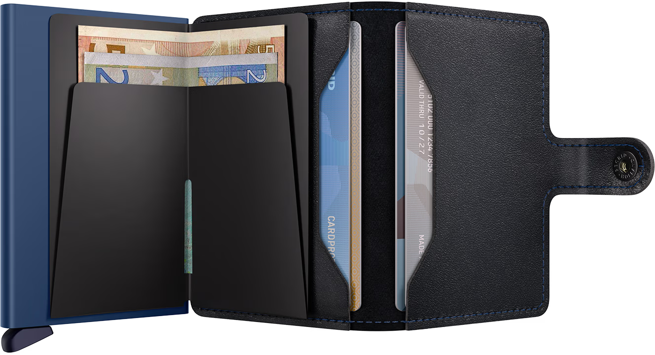 Blue wallet with card slots and currency pocket on a white background