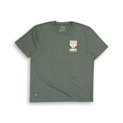 An olive green short-sleeve t-shirt with a small graphic print on the left chest and a small brand patch near the bottom hem, displayed flat against a white background.