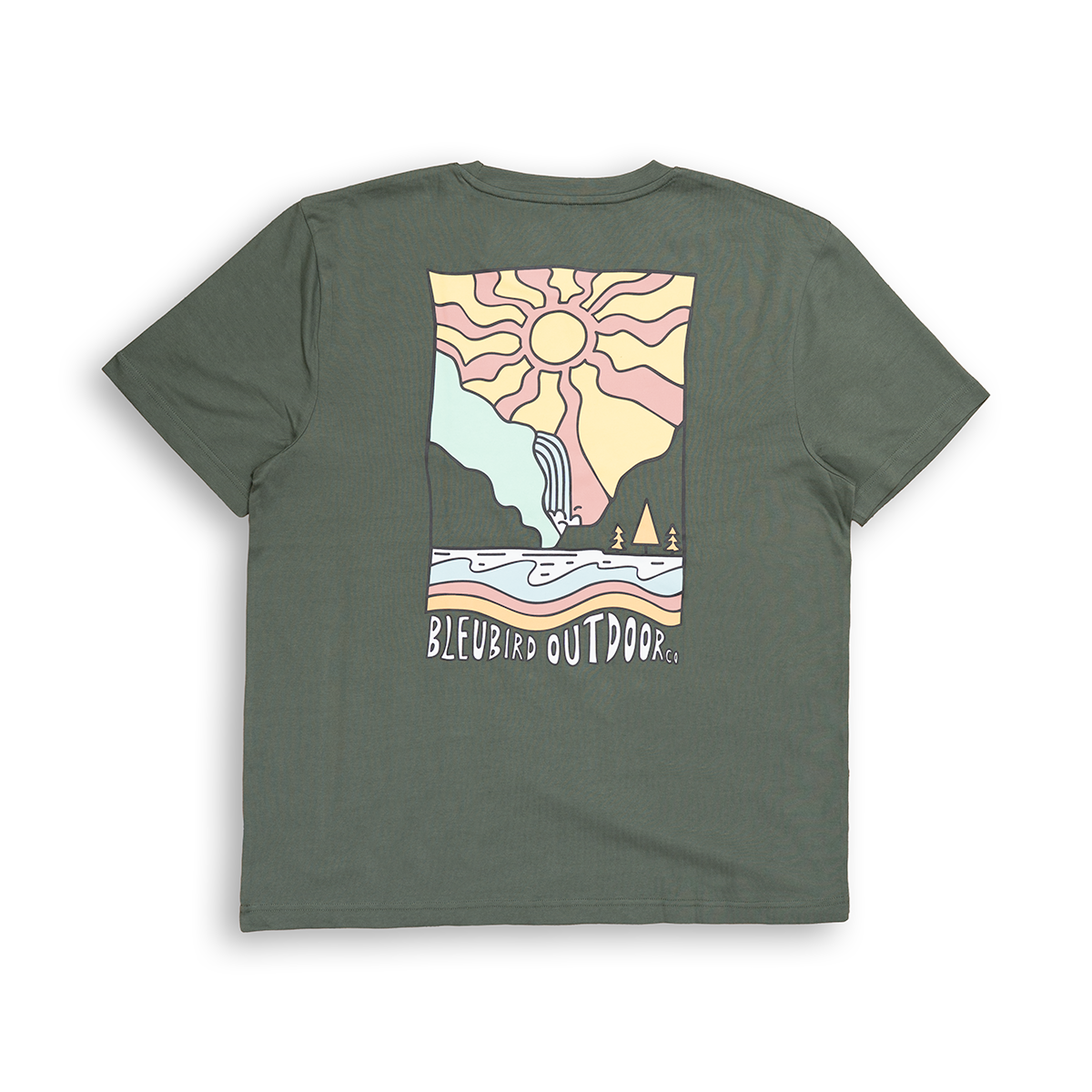 An olive green short-sleeve t-shirt shown flat against a white background, featuring a colorful graphic print on the back with a sun, mountains, water, and the text 'BLEU BIRD OUTDOORS'.