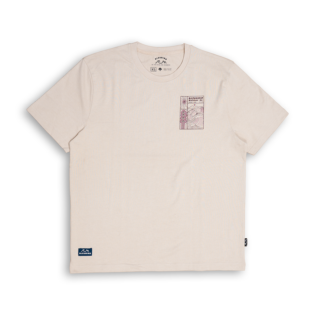 A light beige crewneck t-shirt by The North Face, featuring a small graphic print on the left chest and a blue brand label near the bottom left hem.