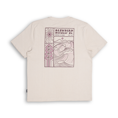 A light beige crewneck t-shirt shown from the back, featuring a large graphic print in dusty pink. The graphic includes the text 'BLUEBIRD Outdoor Co.