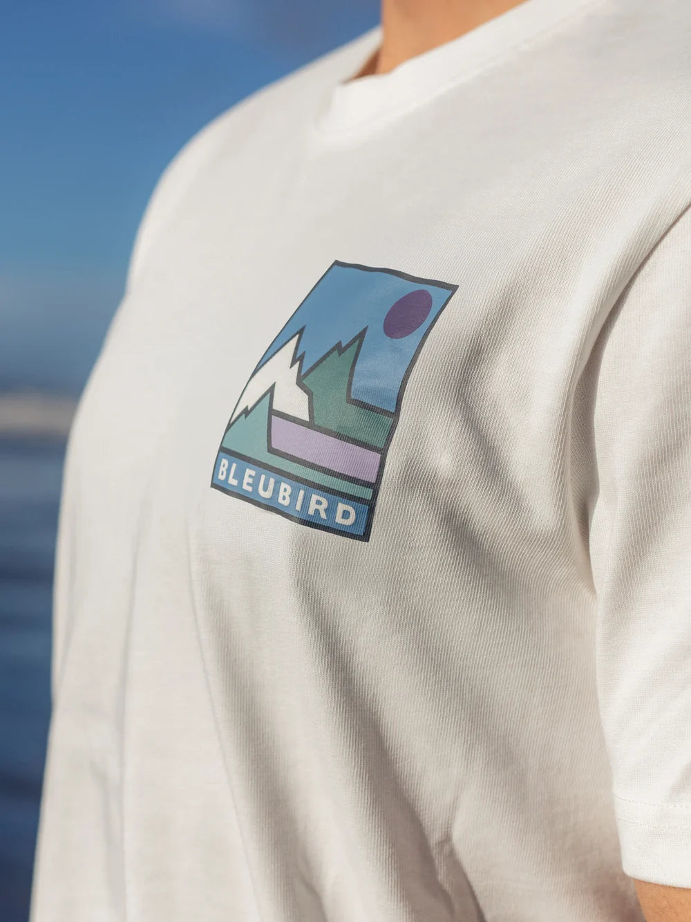 White sweatshirt with a colorful logo on the chest against a blue sky and ocean background