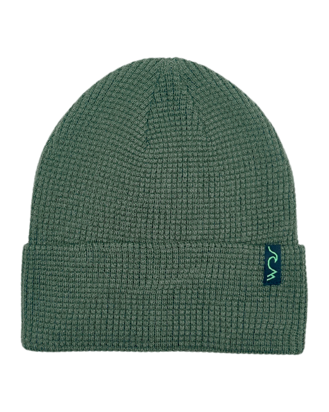 Green beanie with a brand logo on a white background