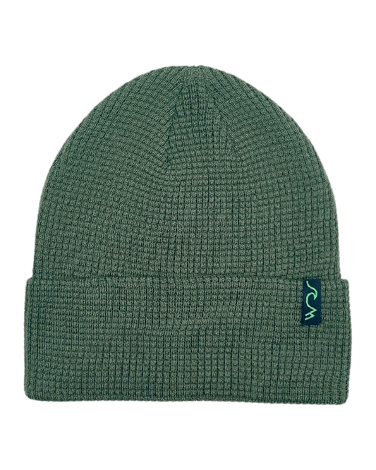 Green beanie with a brand logo on a white background