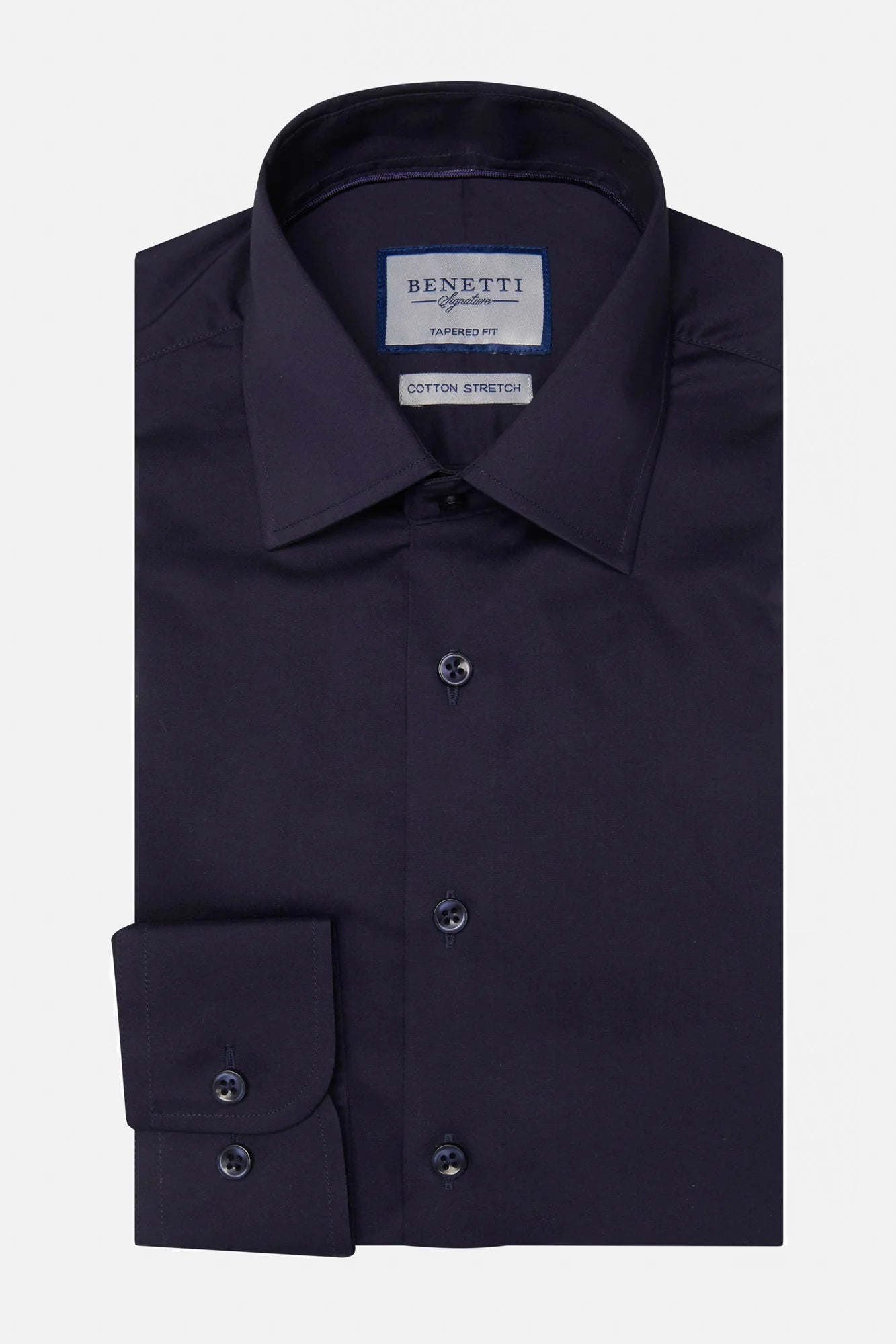 Navy blue dress shirt with a visible brand label on a light gray background