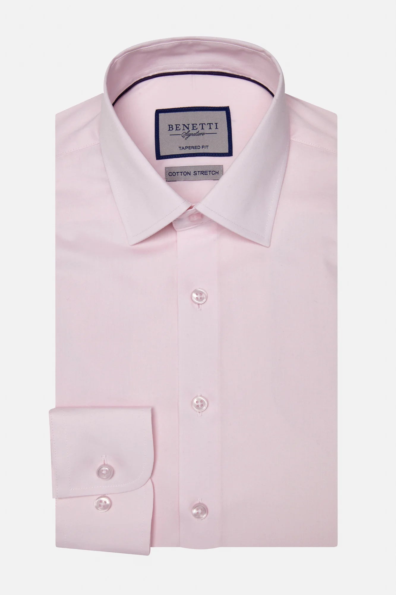 Pink dress shirt with collar label on a white background