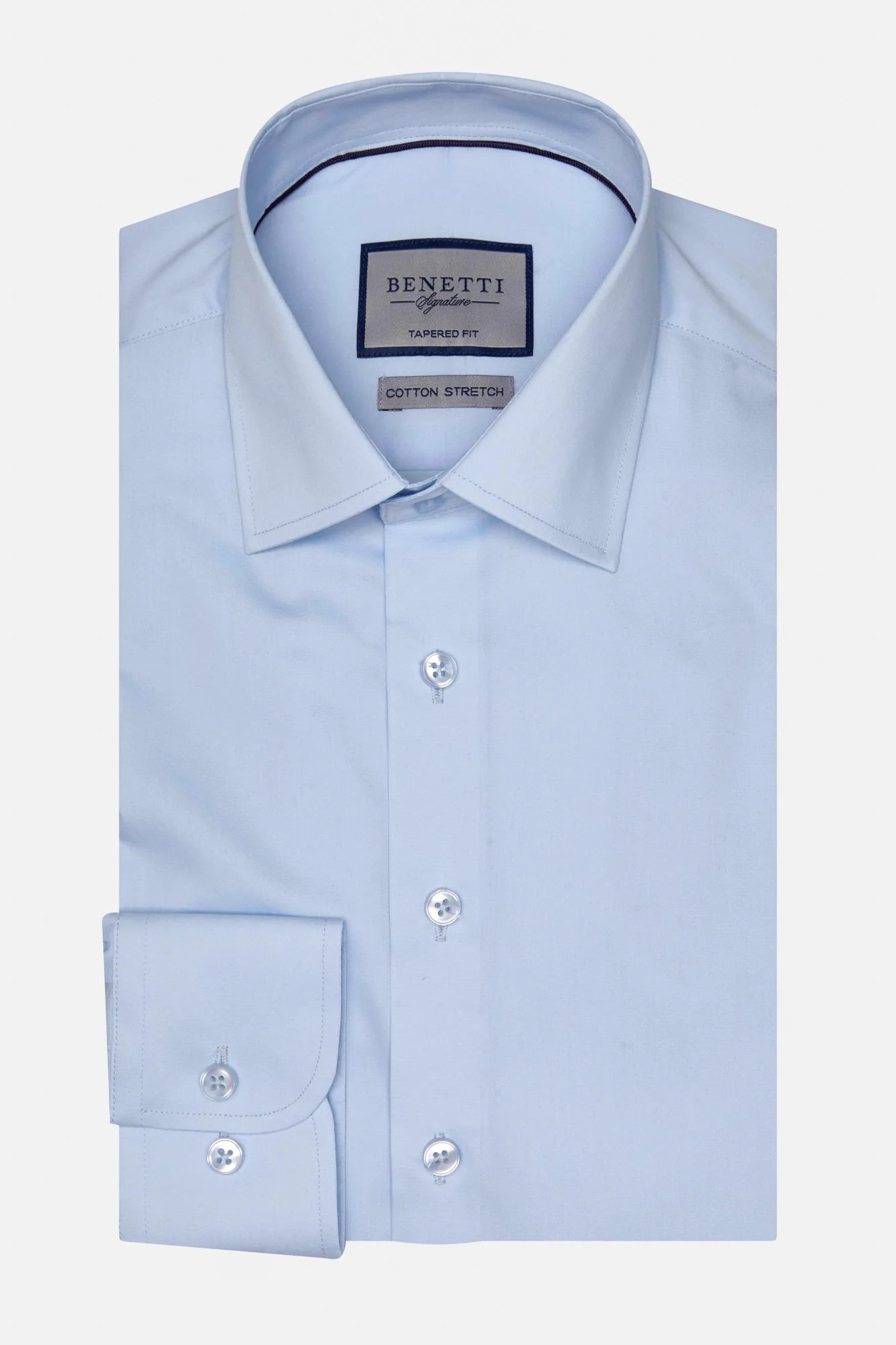Light blue dress shirt with a Benetti label on a white background