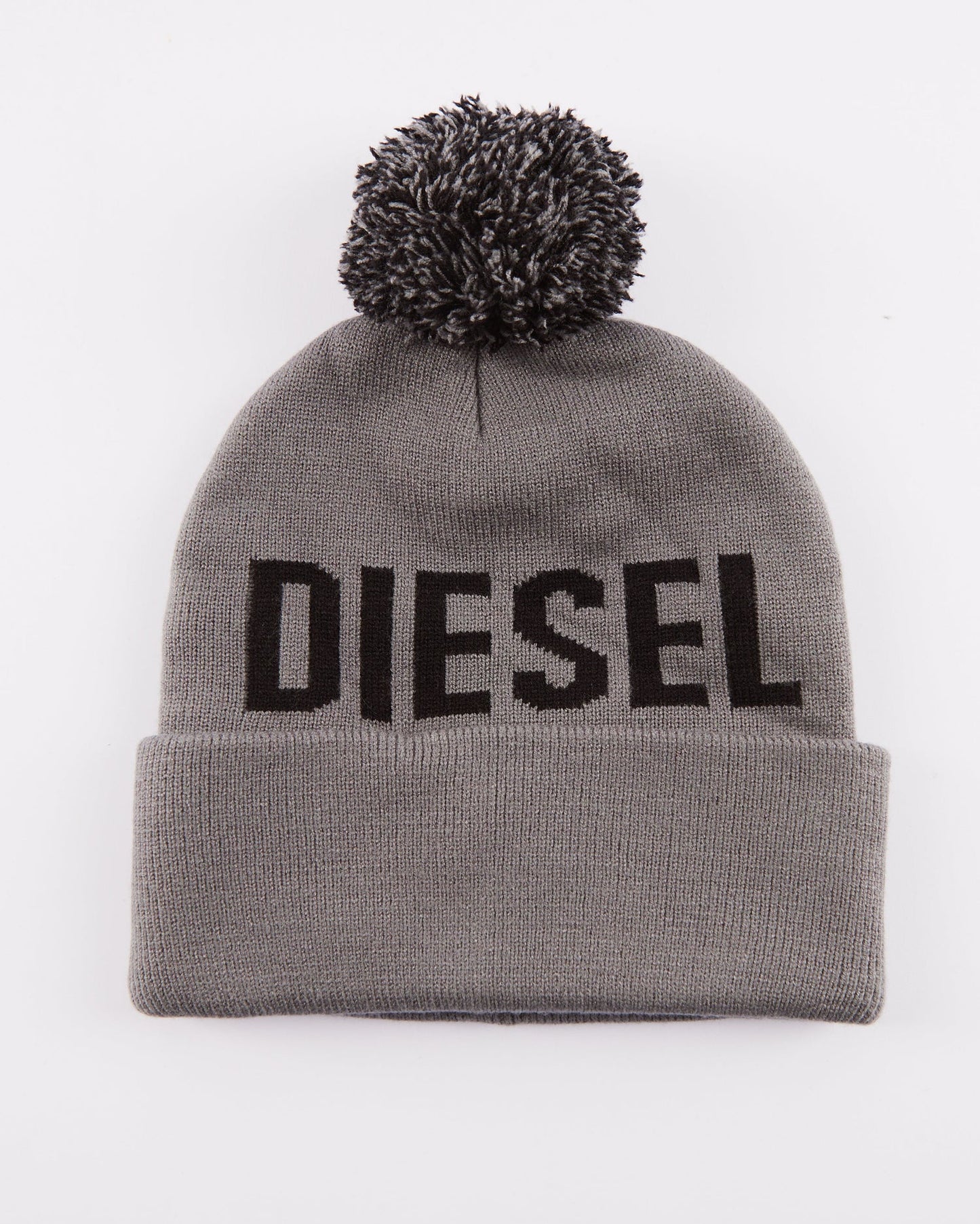 Gray beanie with black 'DIESEL' logo and pom-pom on a white background