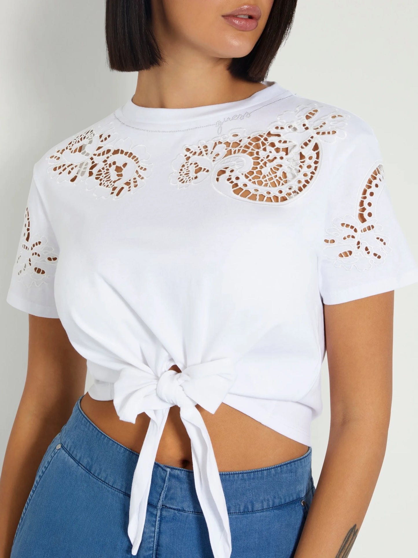 Guess Ajour Lace Tee - White