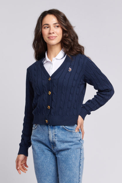 U.S. Polo Assn. Cable Knit Cropped Cardigan - Navy Iris