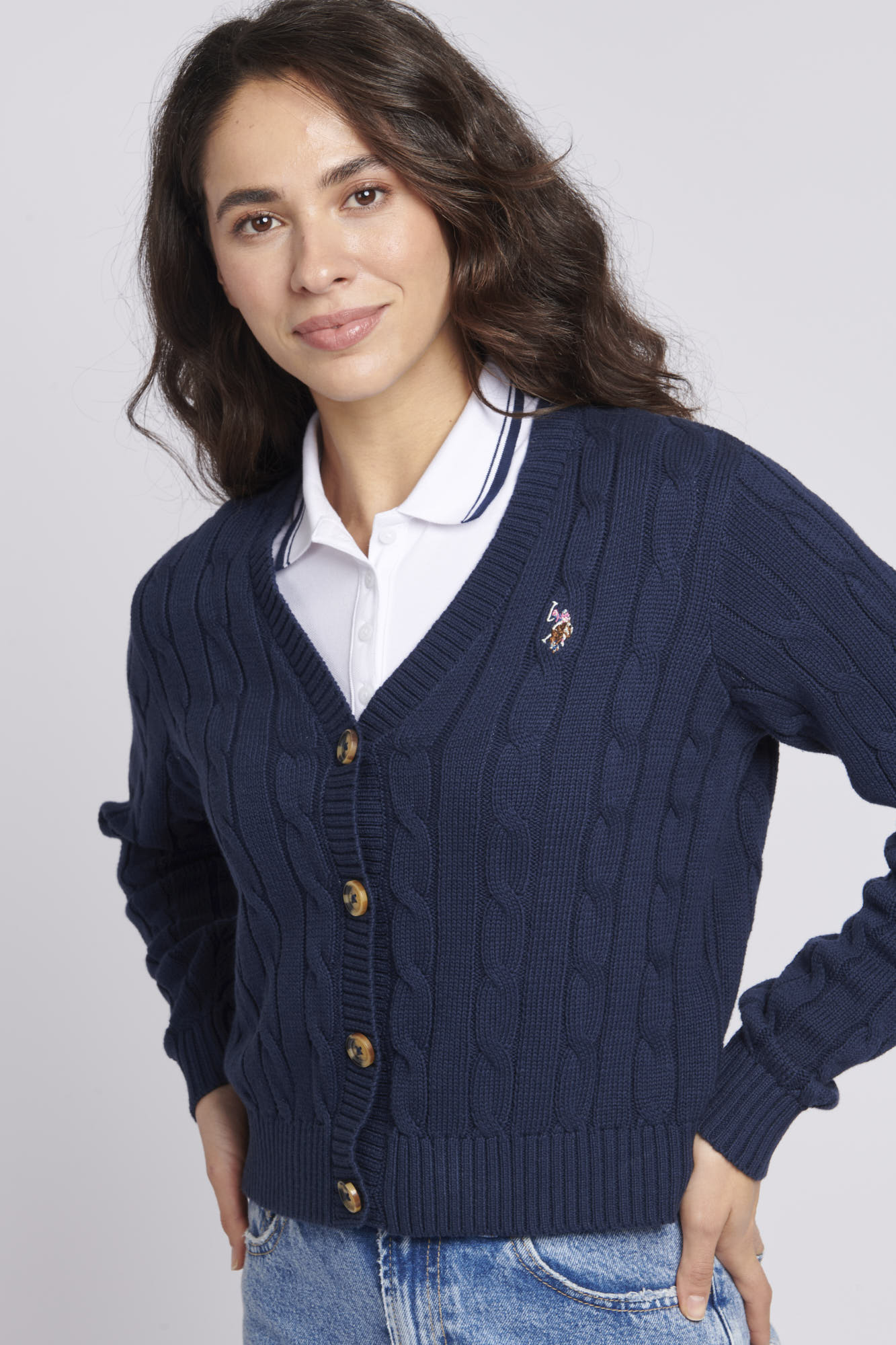 U.S. Polo Assn. Cable Knit Cropped Cardigan - Navy Iris