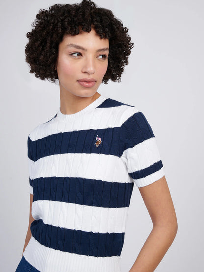 U.S Polo Assn Striped Loose Cable Knit Jumper - Navy