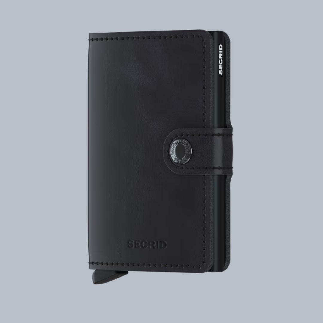 Black wallet with brand logo on a light gray background