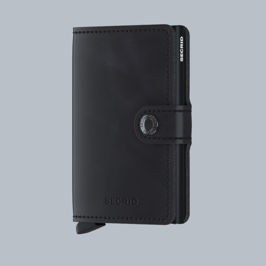 Black wallet with brand logo on a light gray background
