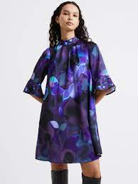 French Connection Eva Recycled Satin Fluted Sleeve Mini Dress - Cobalt Multi