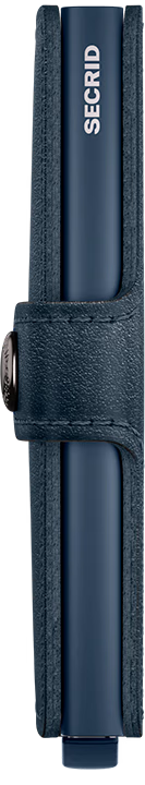 Blue Secrid wallet with visible brand name on a clear background