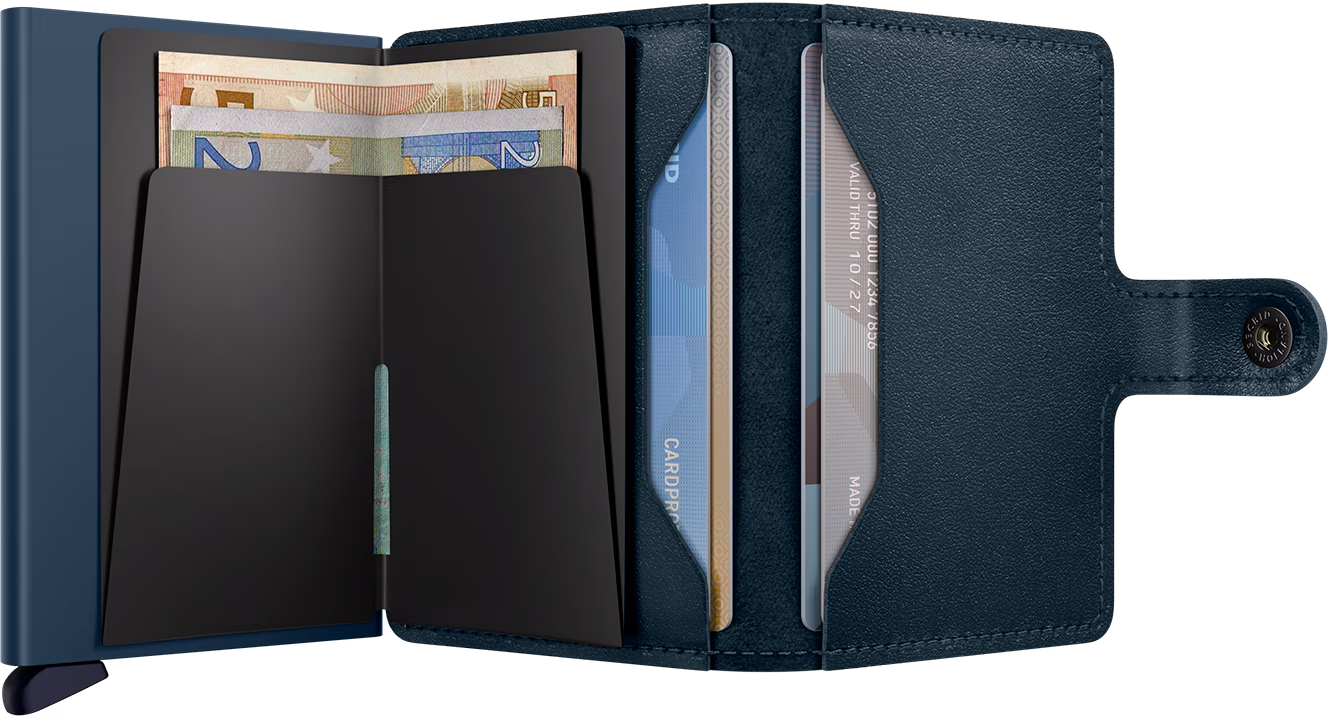 Navy blue wallet with card slots and currency pocket on a white background