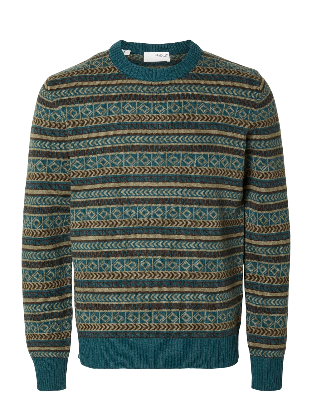 Selected Homme Knitted Fairisle Crew Neck Jumper - Reflecting Pond