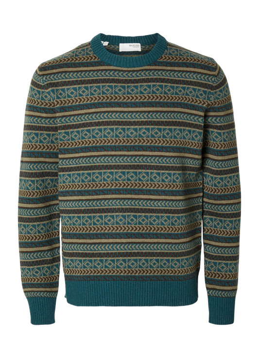 Selected Homme Knitted Fairisle Crew Neck Jumper - Reflecting Pond