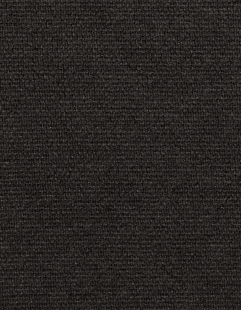 A close-up texture shot of a dark charcoal gray ribbed knit fabric.