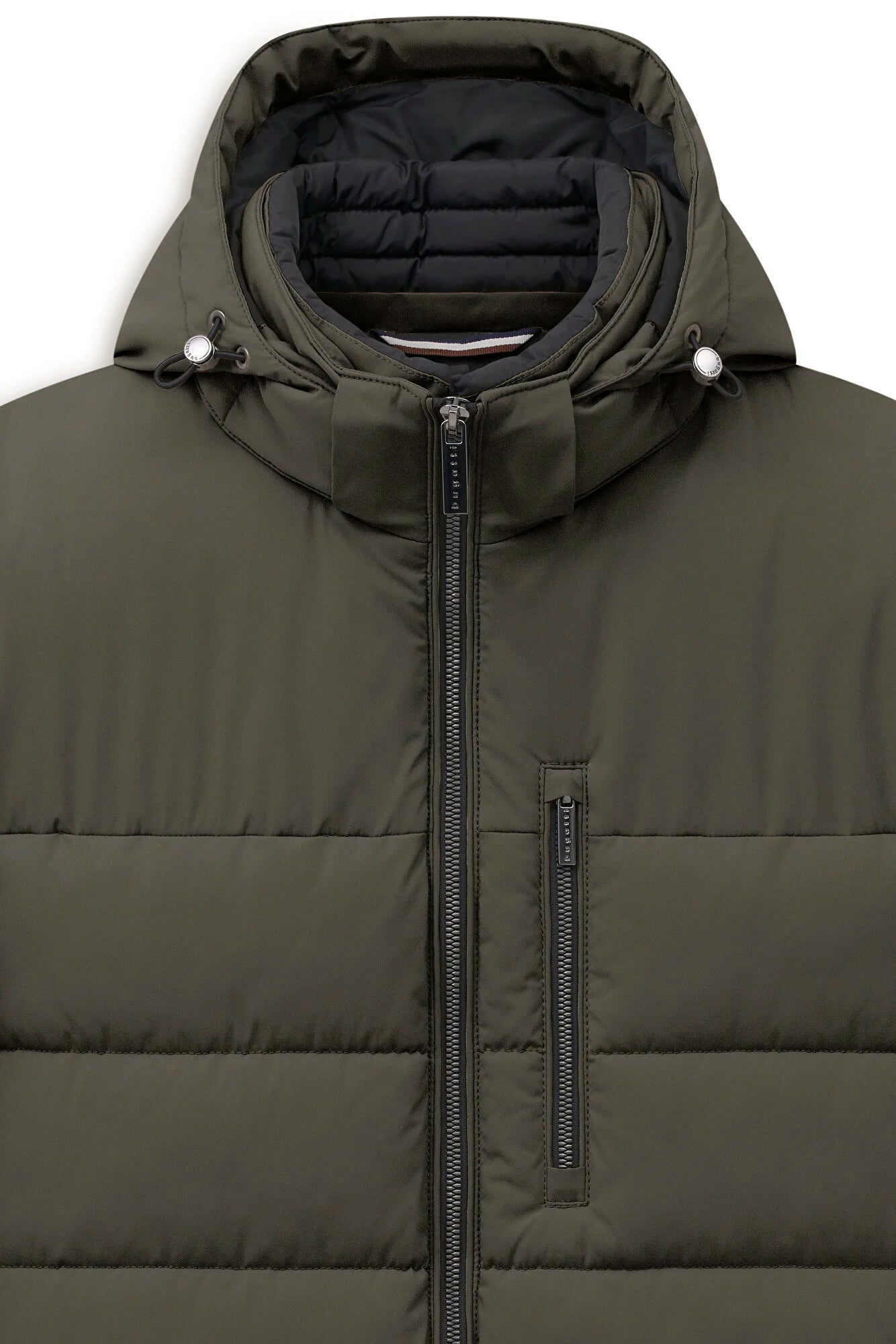 An olive green hooded puffer jacket with a black front zipper and a black zippered chest pocket, shown against a plain white background.