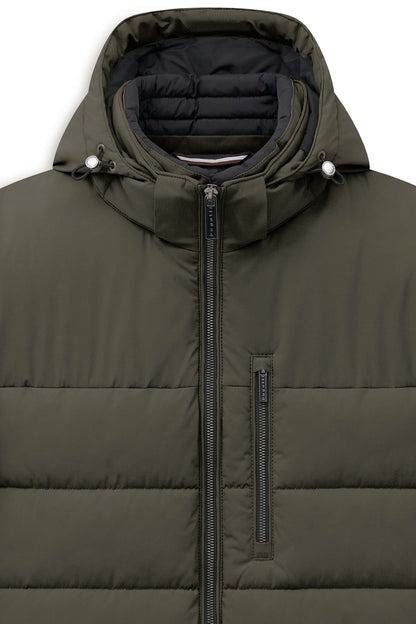 An olive green hooded puffer jacket with a black front zipper and a black zippered chest pocket, shown against a plain white background.