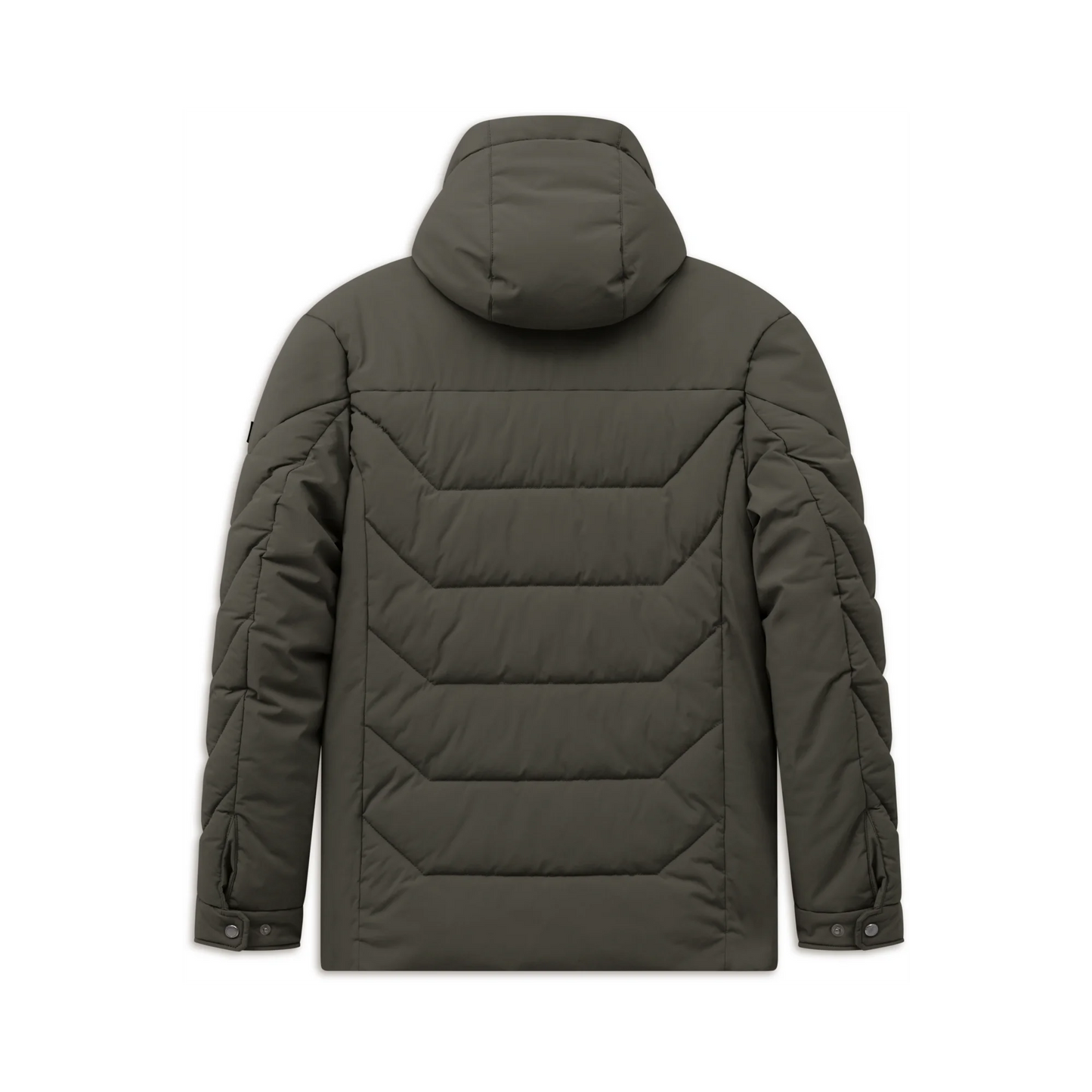 An olive green hooded puffer jacket shown from the back, featuring horizontal quilted baffles and vertical quilted details on the sleeves, photographed against a solid white background.