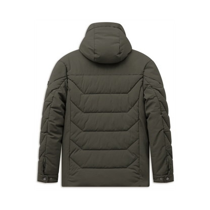 An olive green hooded puffer jacket shown from the back, featuring horizontal quilted baffles and vertical quilted details on the sleeves, photographed against a solid white background.