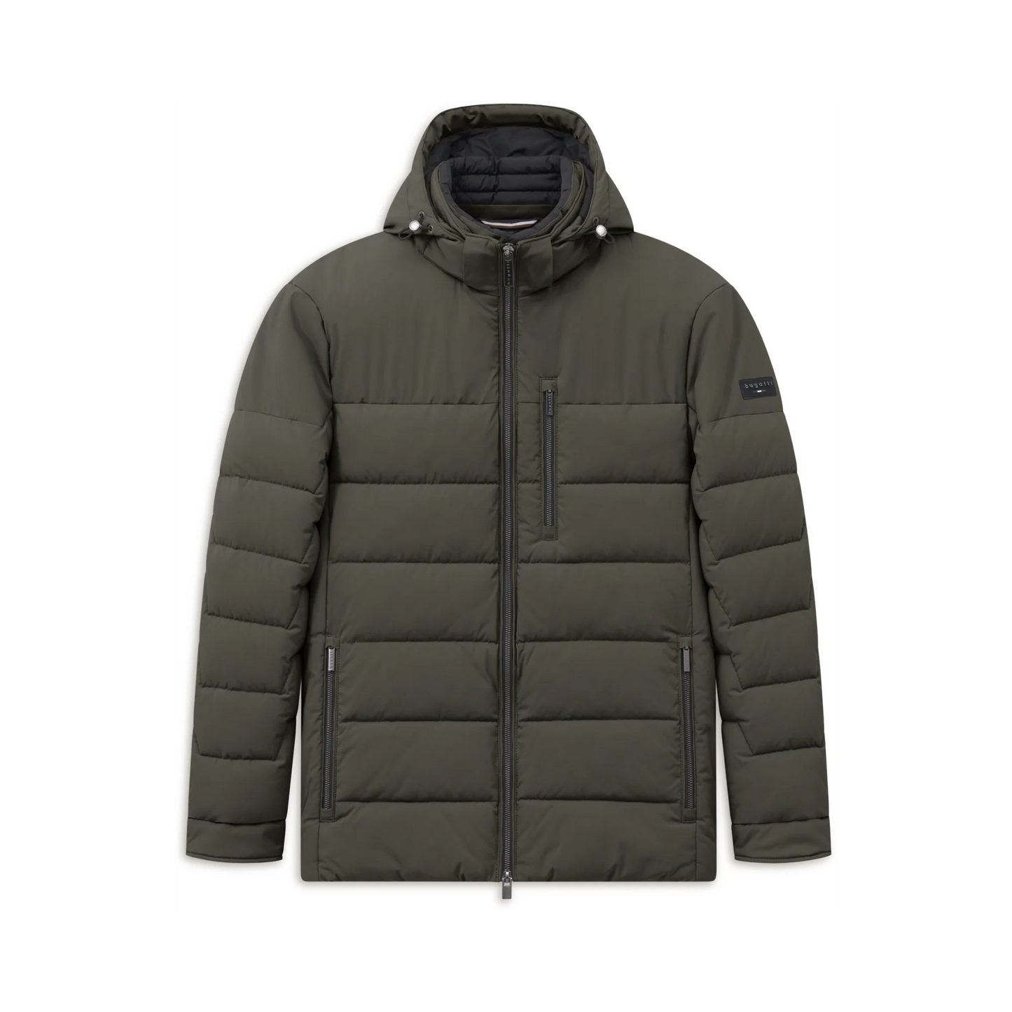 An olive green hooded puffer jacket with horizontal quilting, a full-length front zipper, and zippered hand pockets, shown against a plain white background.