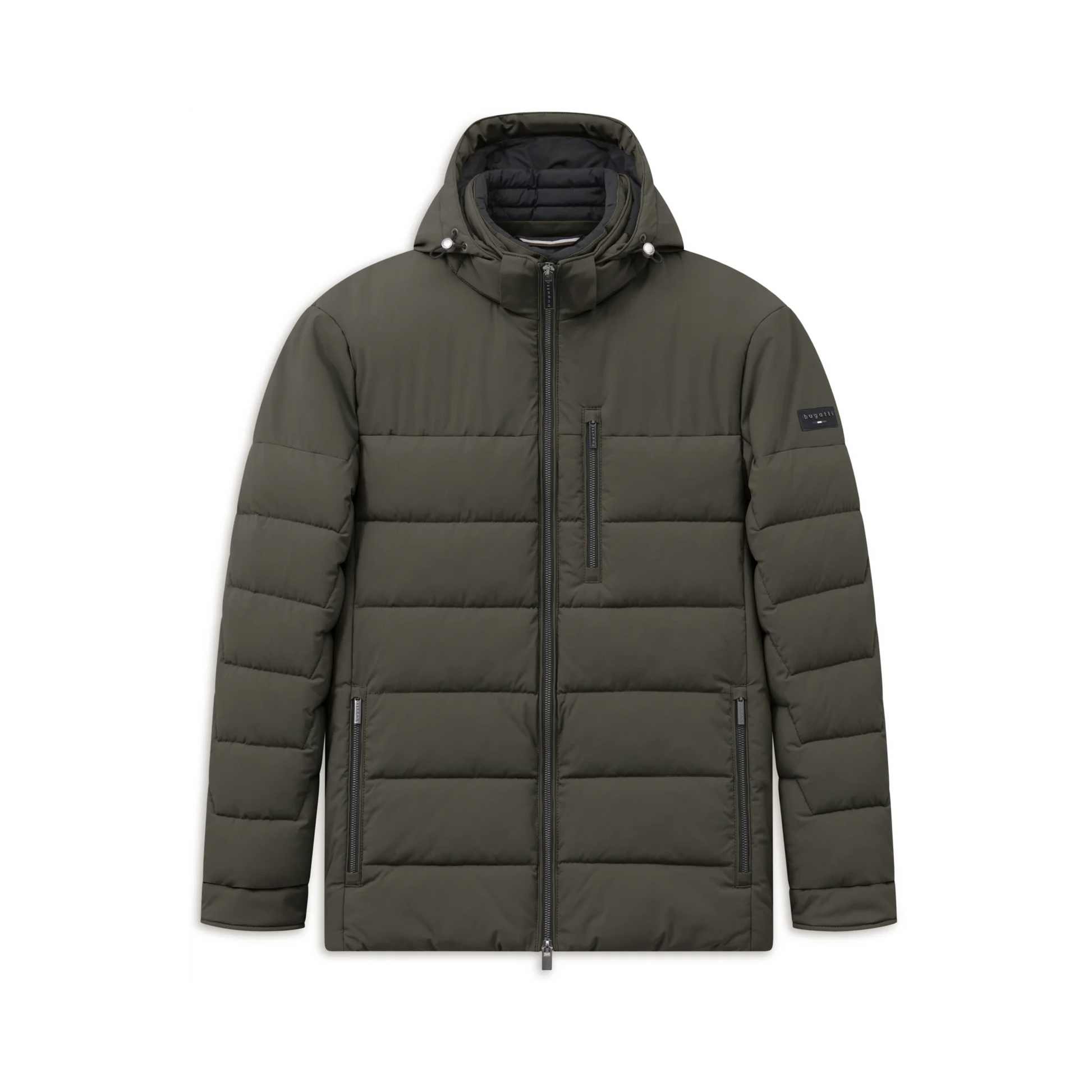 An olive green hooded puffer jacket with horizontal quilting, a full-length front zipper, and zippered hand pockets, shown against a plain white background.