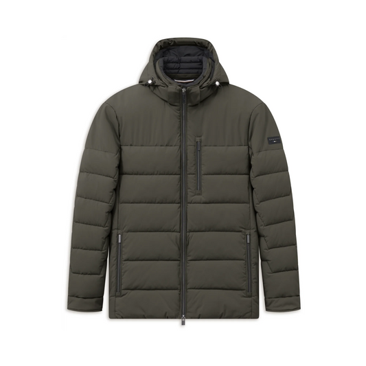 An olive green hooded puffer jacket with horizontal quilting, a full-length front zipper, and zippered hand pockets, shown against a plain white background.