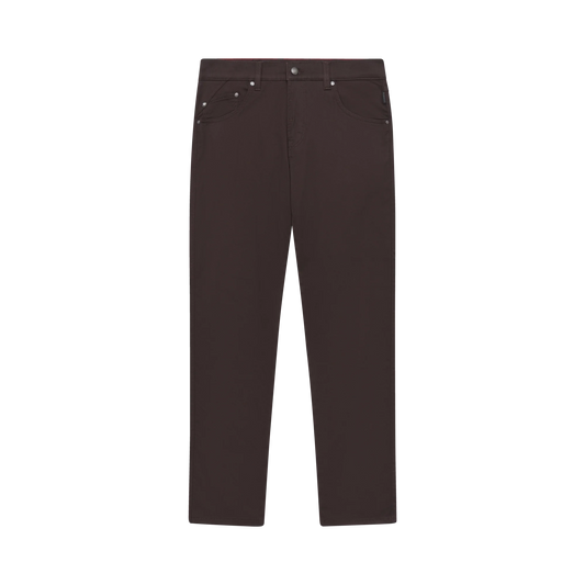 Dark brown slim-fit jeans shown flat against a solid white background.