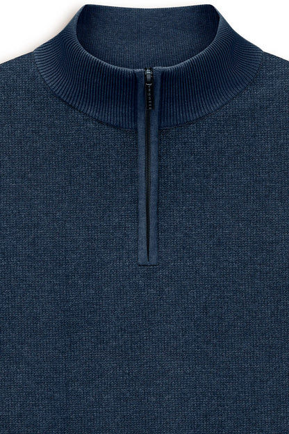 Navy blue sweater with a quarter zip on a light gray background