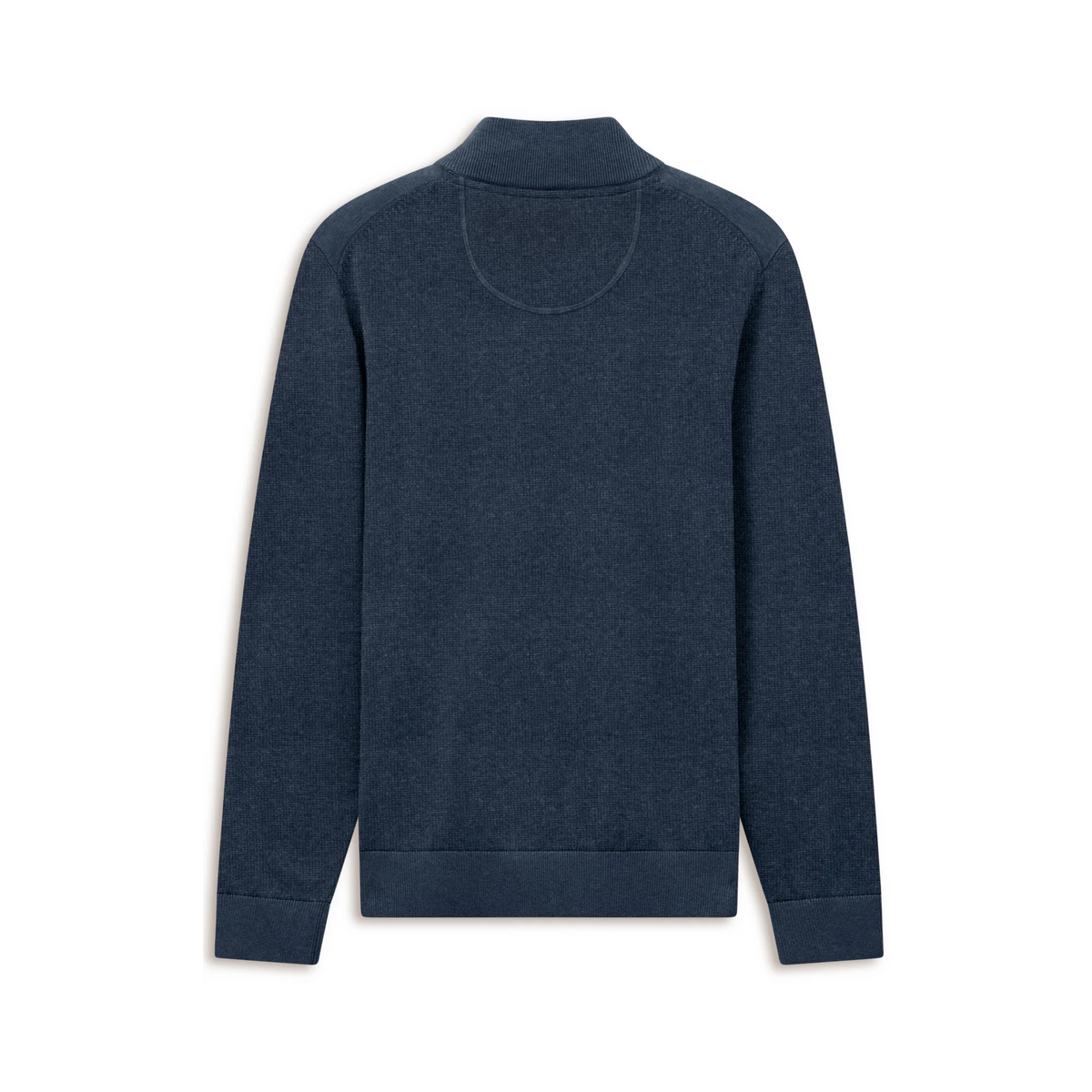 A dark navy blue long-sleeve knit top with a mock neck, shown from the back against a plain white background.
