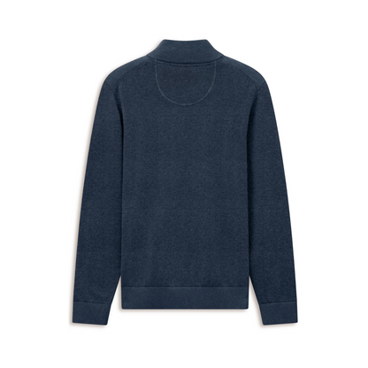 A dark navy blue long-sleeve knit top with a mock neck, shown from the back against a plain white background.