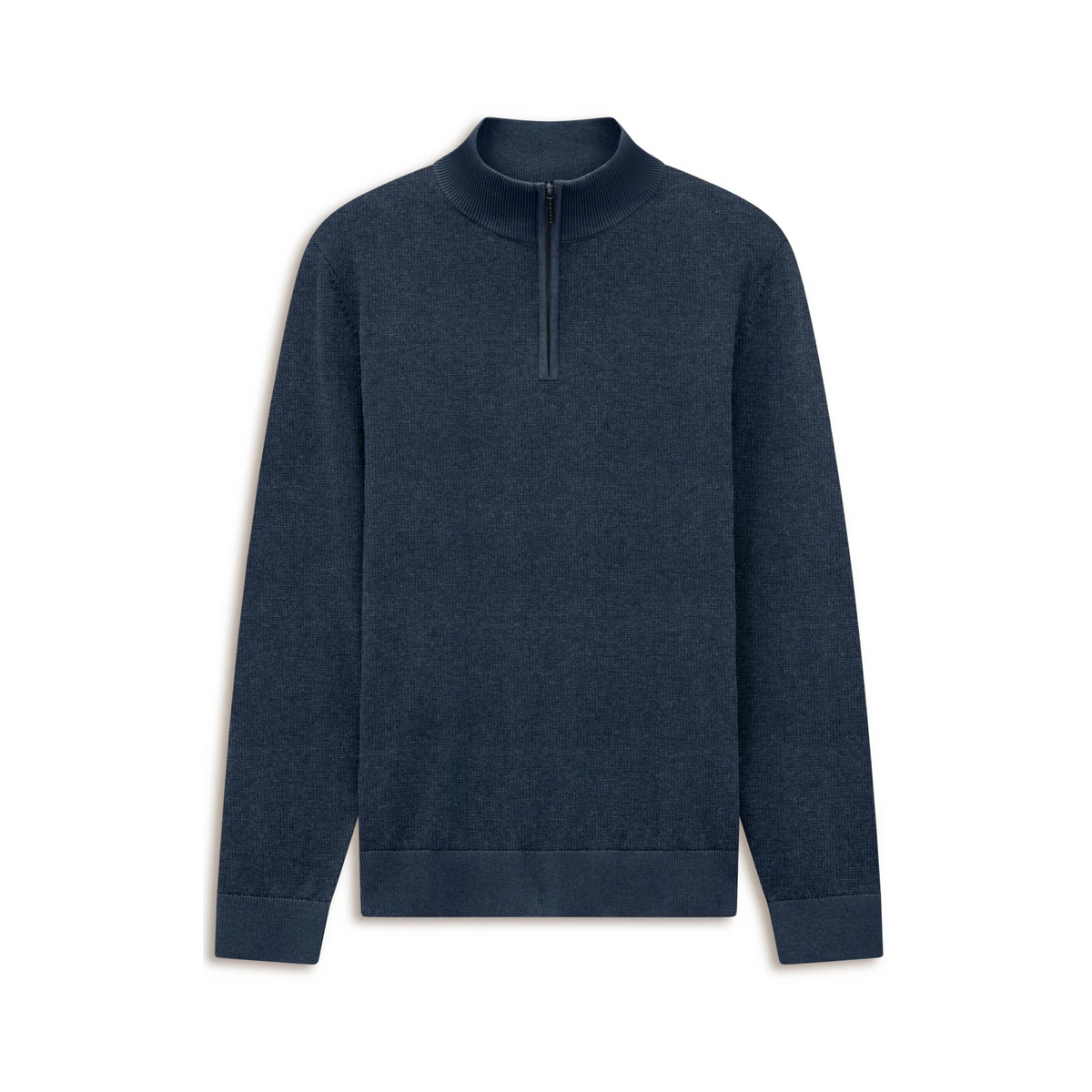 A dark navy blue long-sleeve quarter-zip pullover sweater with a ribbed mock neck, cuffs, and hem, displayed on a clean white background.