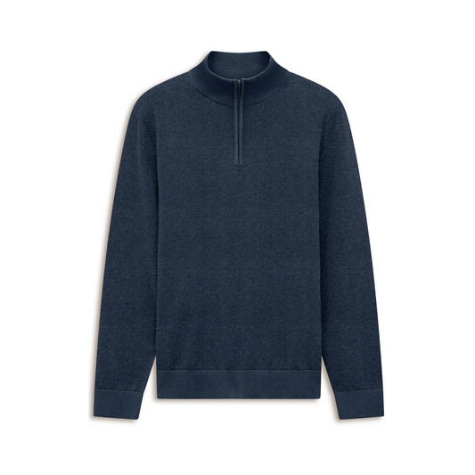 A dark navy blue long-sleeve quarter-zip pullover sweater with a ribbed mock neck, cuffs, and hem, displayed on a clean white background.