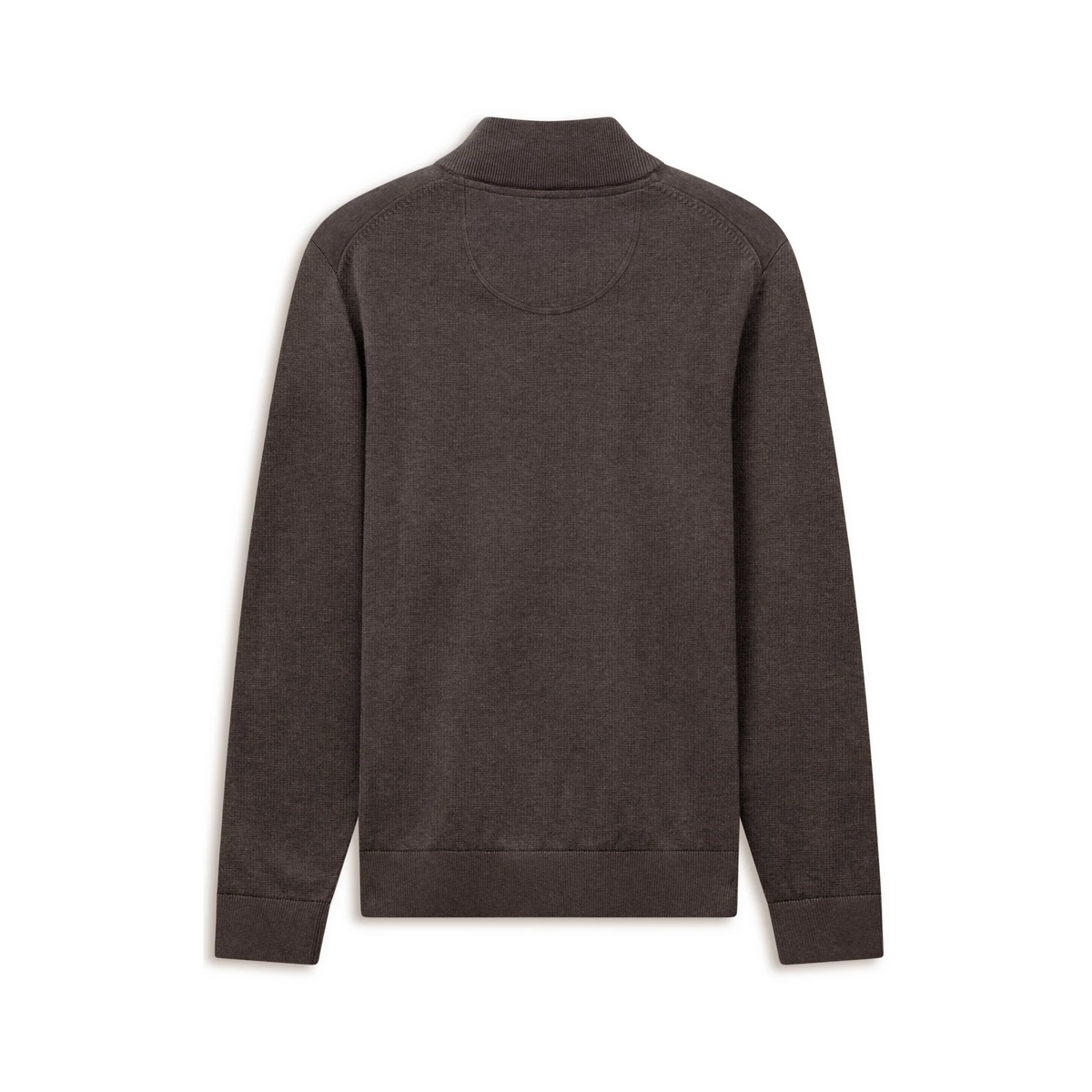A dark brown long-sleeve knit sweater with a mock neck, shown from the back on a clean white background.