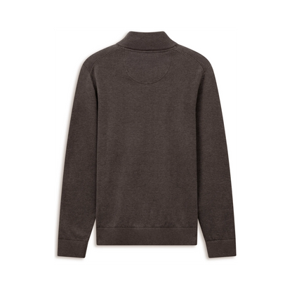 A dark brown long-sleeve knit sweater with a mock neck, shown from the back on a clean white background.