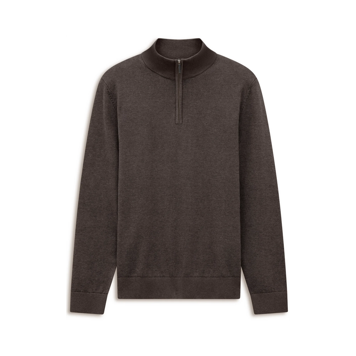 A dark brown heathered quarter-zip pullover sweater with a mock neck collar, shown flat against a solid white background.