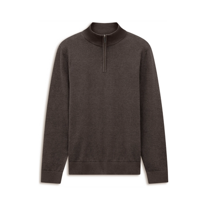 A dark brown heathered quarter-zip pullover sweater with a mock neck collar, shown flat against a solid white background.