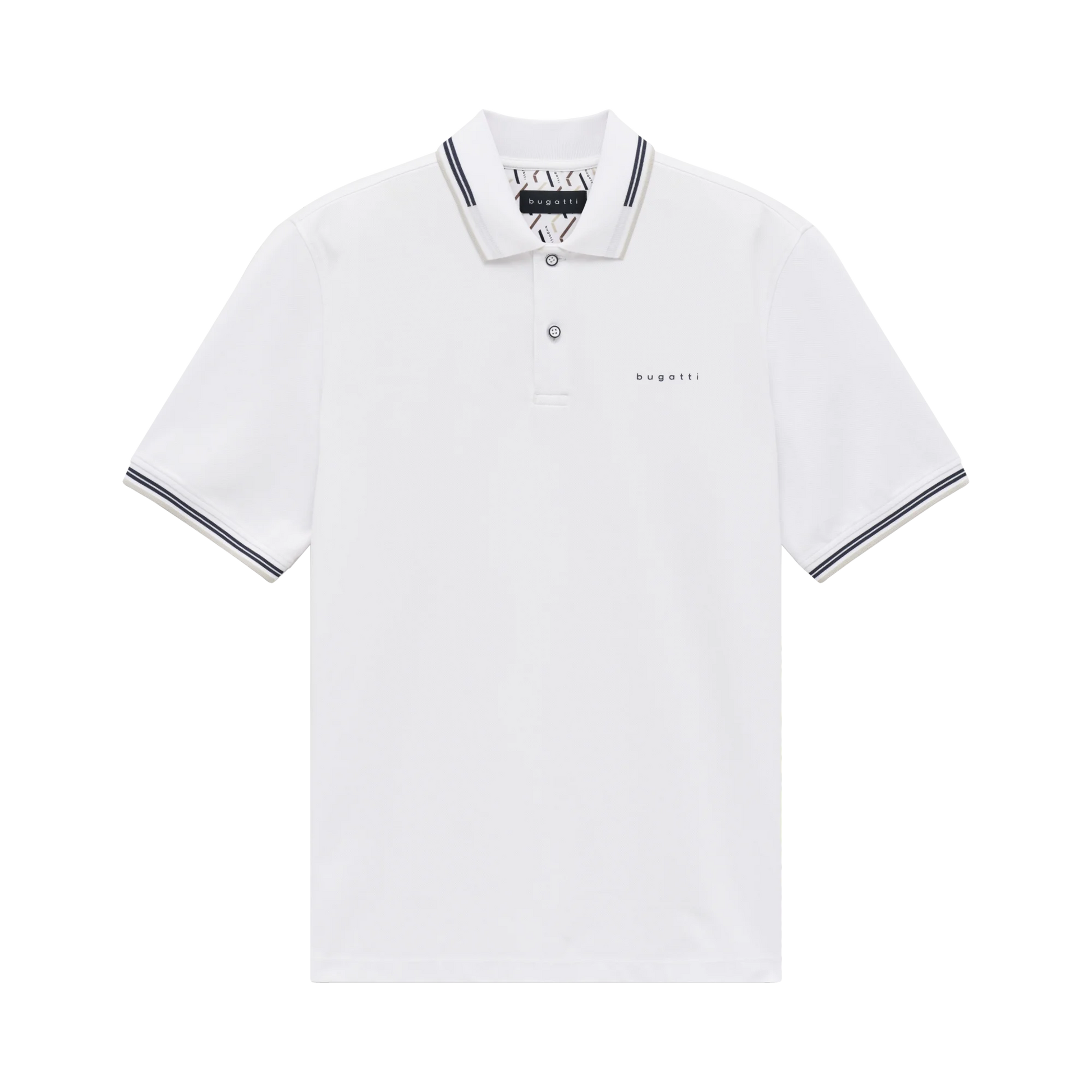 White polo shirt with black trim on a white background